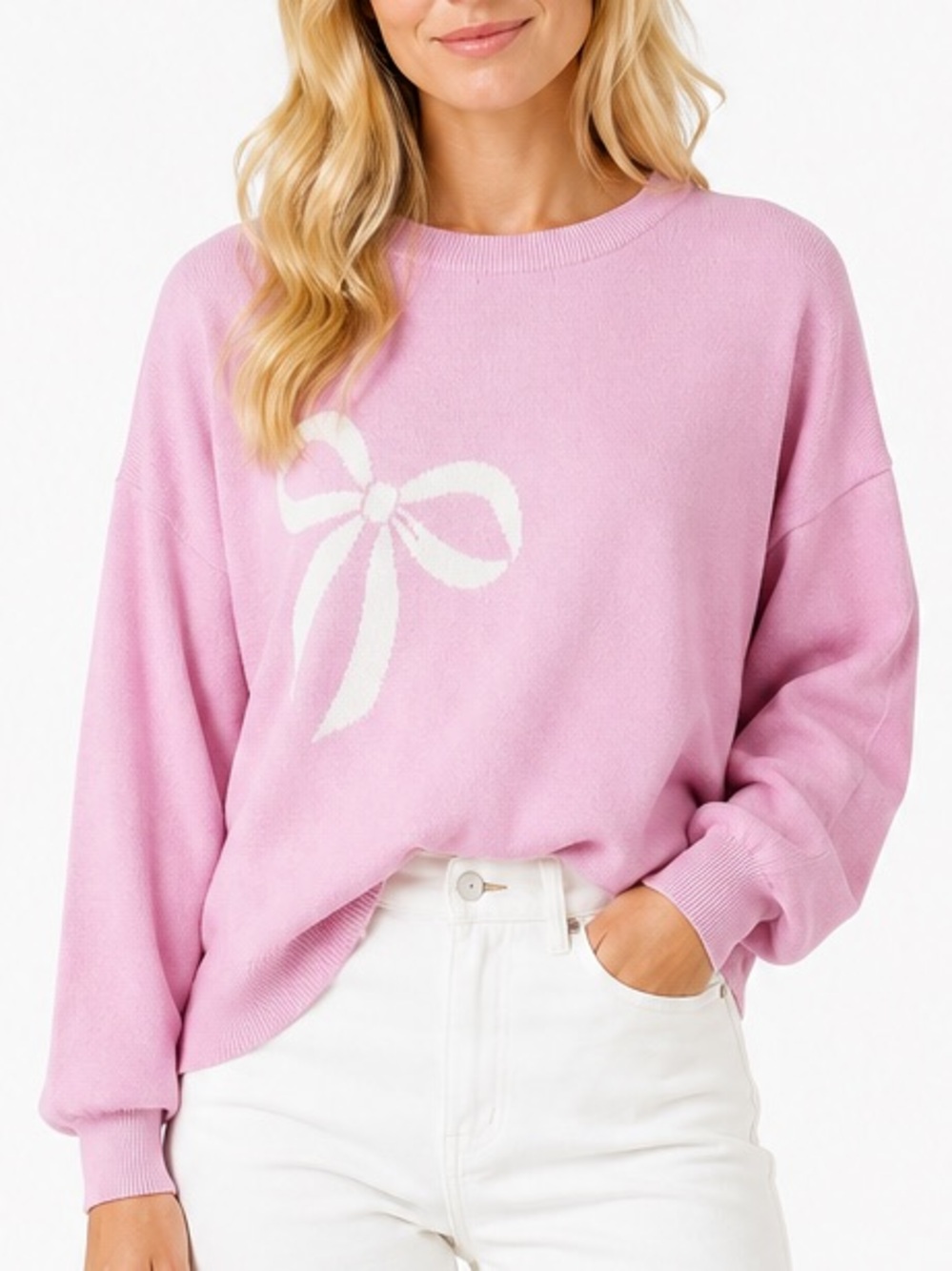 Orange Kiss Pink Bow Coquette Balletcore Crew Neck Cozy Knit Pullover Sweater XL